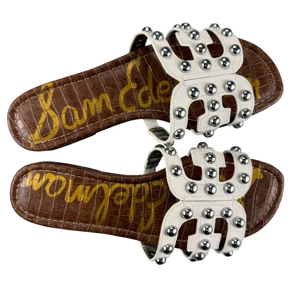 Sam Edelman Bay Studded Slide Sandals White Saddle Croc Embossed Leather 8.5